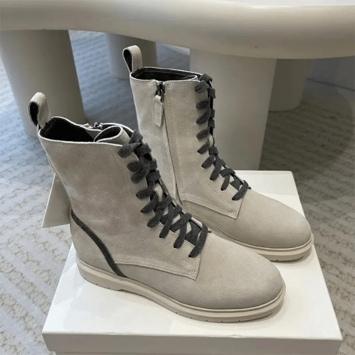 BOTTES FEMME À LACETS EN DAIM BEIGE / 35