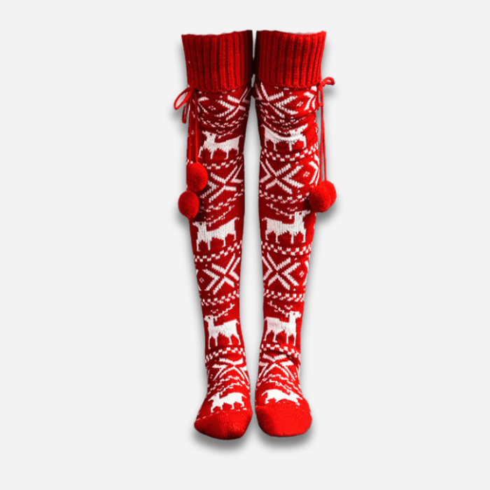 CHAUSSONS CHAUSSETTE FEMME HAUTS NOËL AVEC POMPONS