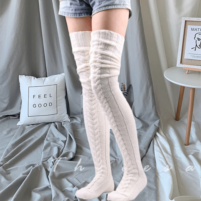 CHAUSSONS CHAUSSETTES FEMME HAUTS EN LAINE BLANC / 85 cm