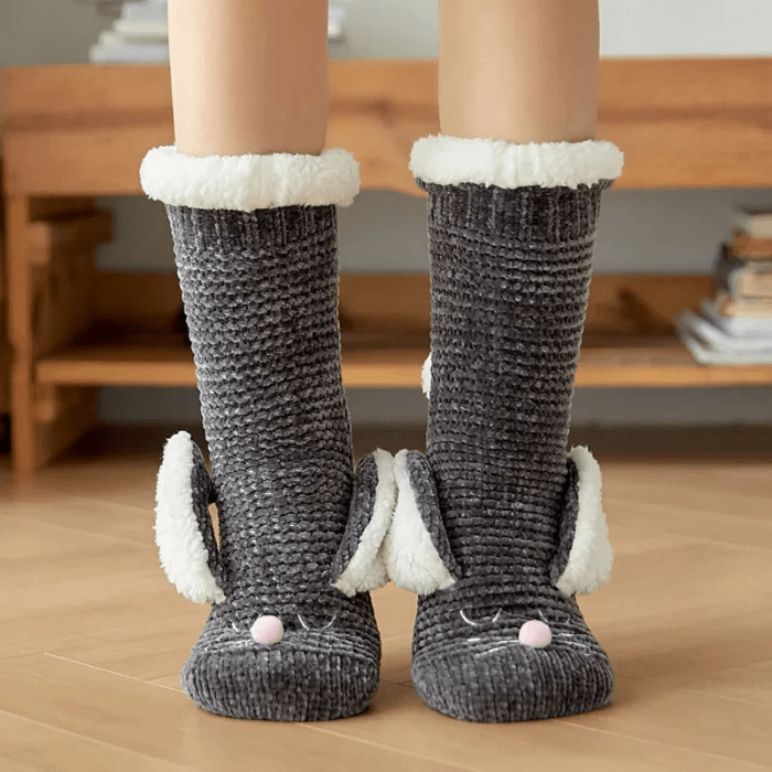 CHAUSSONS CHAUSSETTES OREILLES DE LAPIN GRIS FONCÉ / Unique