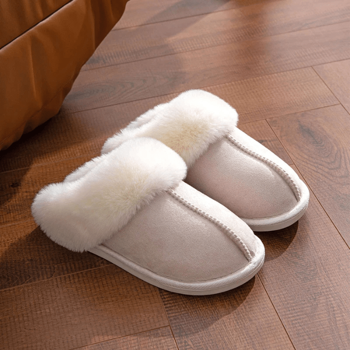 CHAUSSONS MULES EN COTON AVEC FOURRURE BEIGE / 35-36