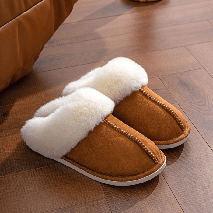 CHAUSSONS MULES EN COTON AVEC FOURRURE MARRON / 35-36