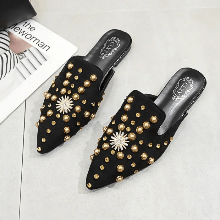 MULES FEMME CONFORTABLES À PERLES NOIR / 35