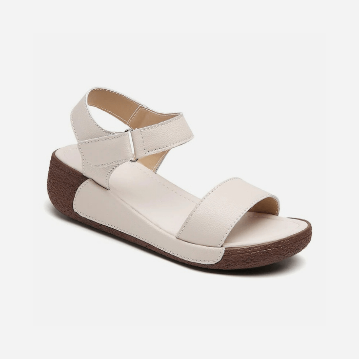 SANDALES COMPENSÉES CONFORTABLES EN CUIR POUR FEMME BEIGE / 35