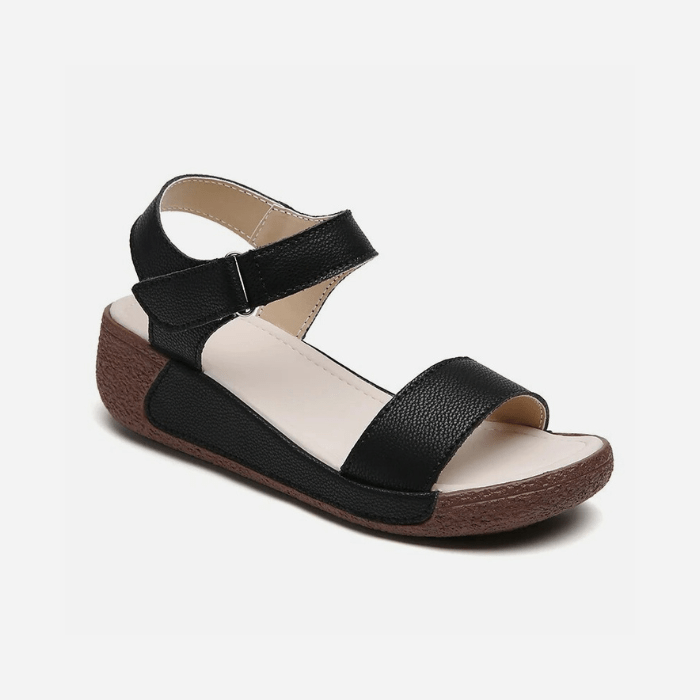 SANDALES COMPENSÉES CONFORTABLES EN CUIR POUR FEMME NOIR / 35