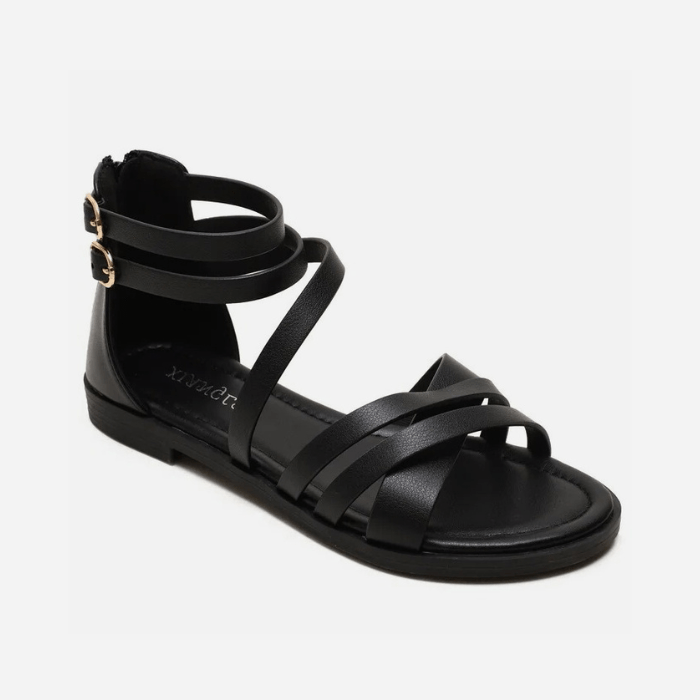 SANDALES PLATES EN CUIR FEMME NOIR / 35